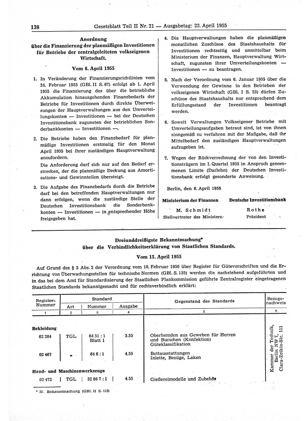 Gesetzblatt (GBl.) der Deutschen Demokratischen Republik (DDR) Teil ⅠⅠ 1955, Seite 138 (GBl. DDR ⅠⅠ 1955, S. 138)