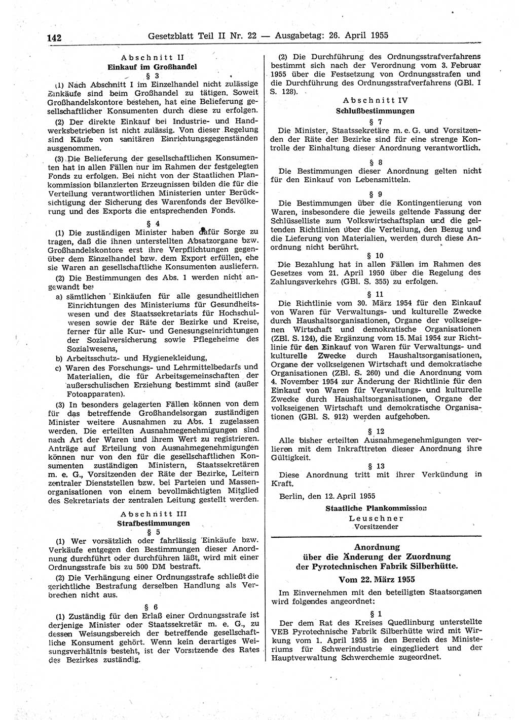 Gesetzblatt (GBl.) der Deutschen Demokratischen Republik (DDR) Teil ⅠⅠ 1955, Seite 142 (GBl. DDR ⅠⅠ 1955, S. 142)