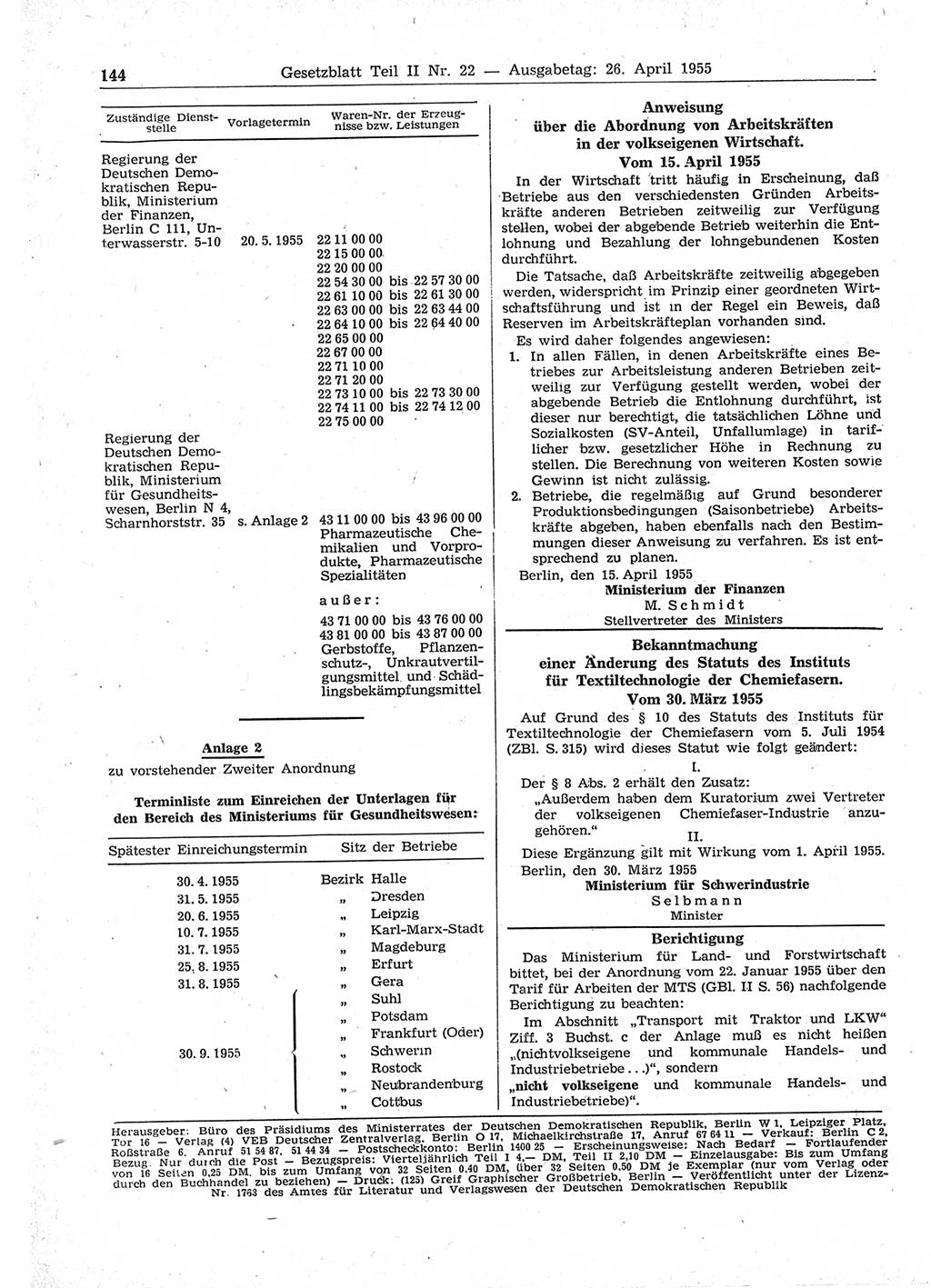 Gesetzblatt (GBl.) der Deutschen Demokratischen Republik (DDR) Teil ⅠⅠ 1955, Seite 144 (GBl. DDR ⅠⅠ 1955, S. 144)