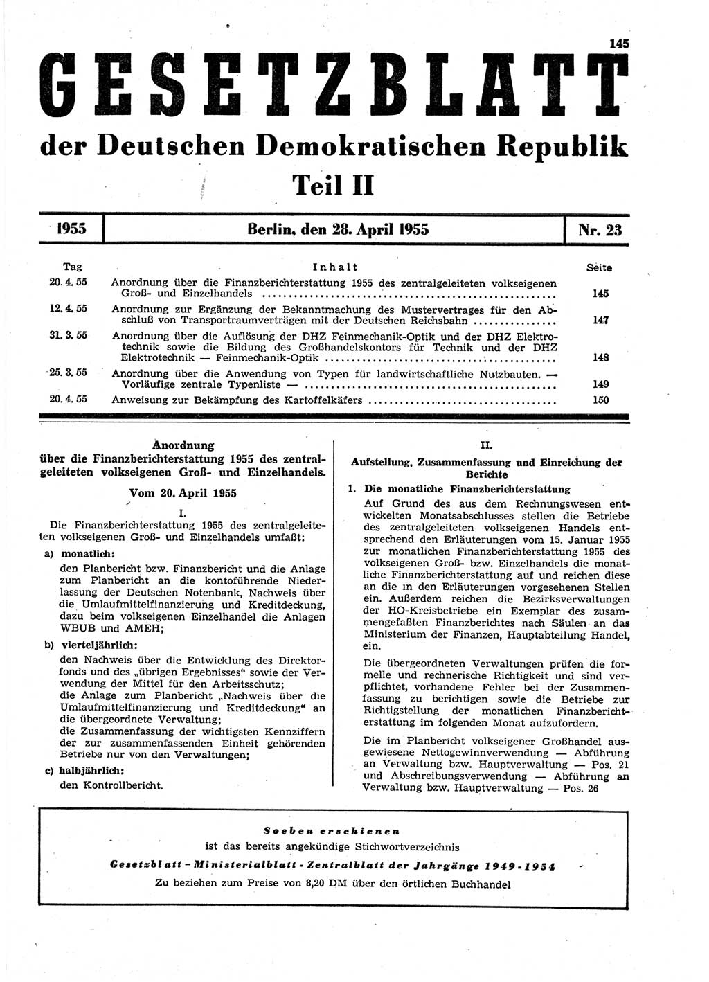 Gesetzblatt (GBl.) der Deutschen Demokratischen Republik (DDR) Teil ⅠⅠ 1955, Seite 145 (GBl. DDR ⅠⅠ 1955, S. 145)