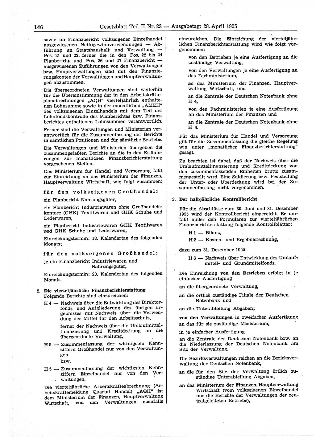 Gesetzblatt (GBl.) der Deutschen Demokratischen Republik (DDR) Teil ⅠⅠ 1955, Seite 146 (GBl. DDR ⅠⅠ 1955, S. 146)