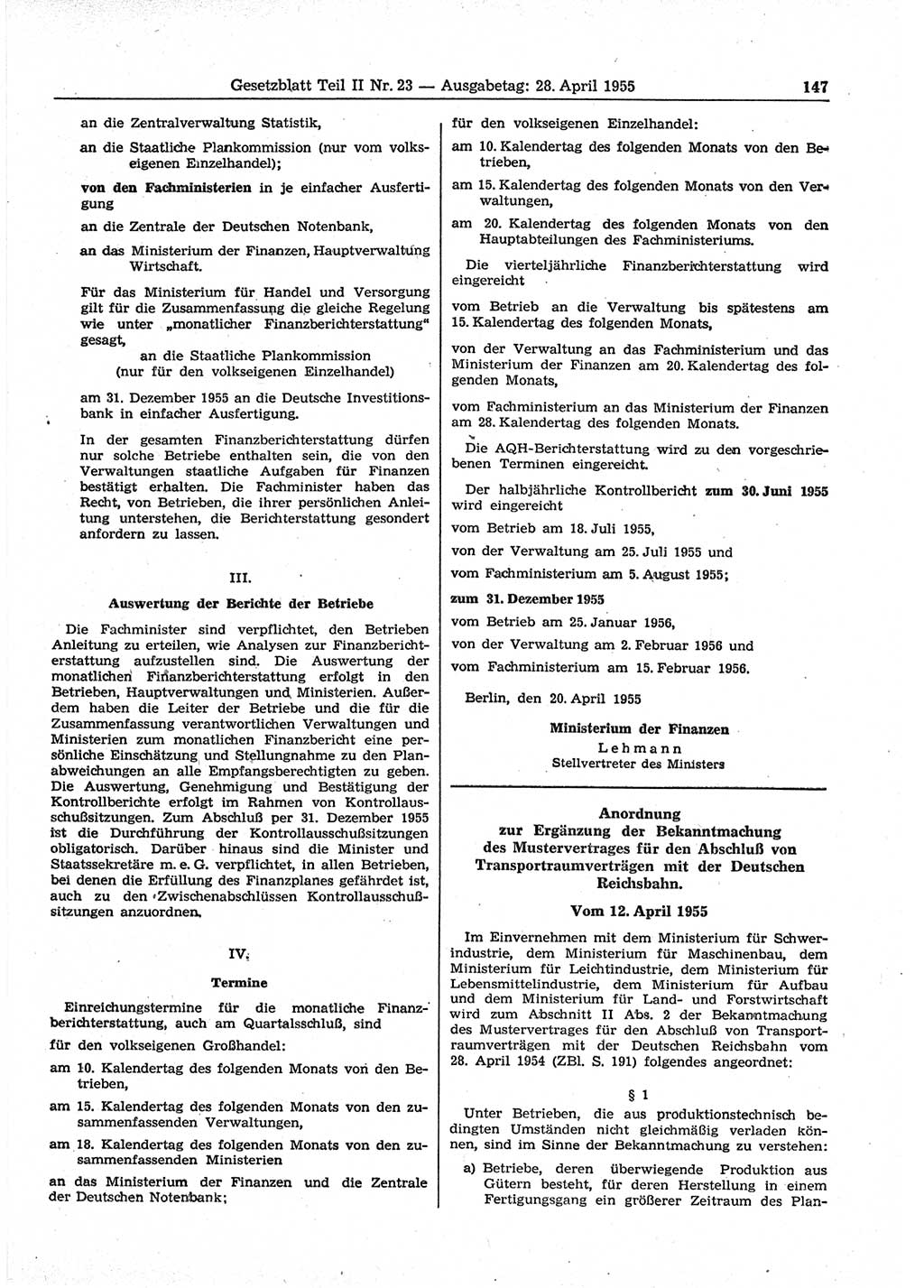 Gesetzblatt (GBl.) der Deutschen Demokratischen Republik (DDR) Teil ⅠⅠ 1955, Seite 147 (GBl. DDR ⅠⅠ 1955, S. 147)