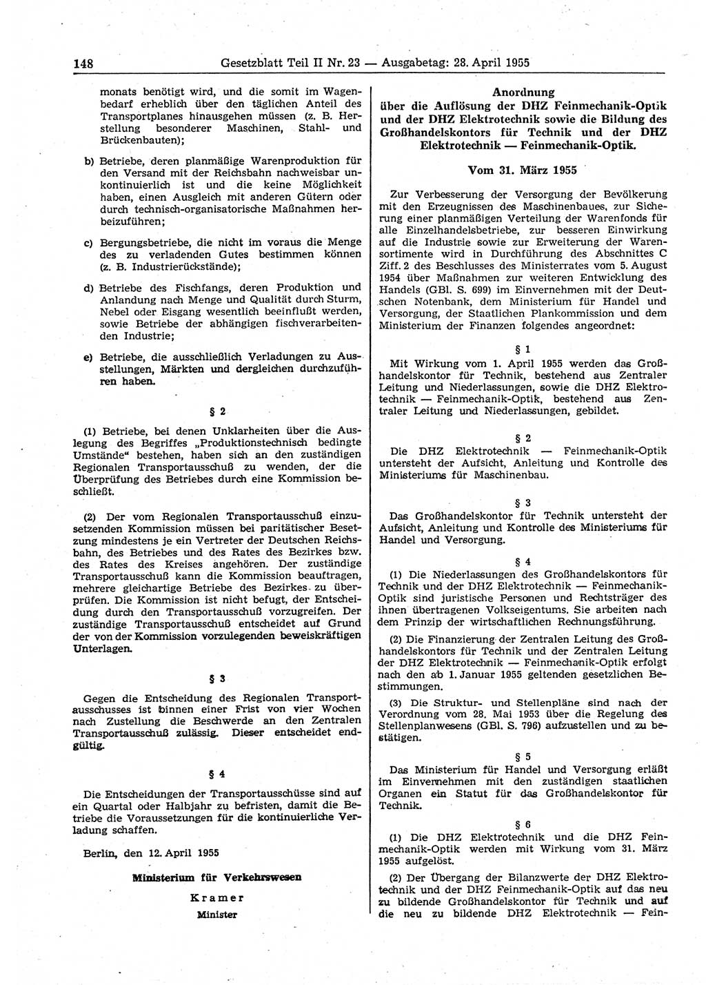 Gesetzblatt (GBl.) der Deutschen Demokratischen Republik (DDR) Teil ⅠⅠ 1955, Seite 148 (GBl. DDR ⅠⅠ 1955, S. 148)