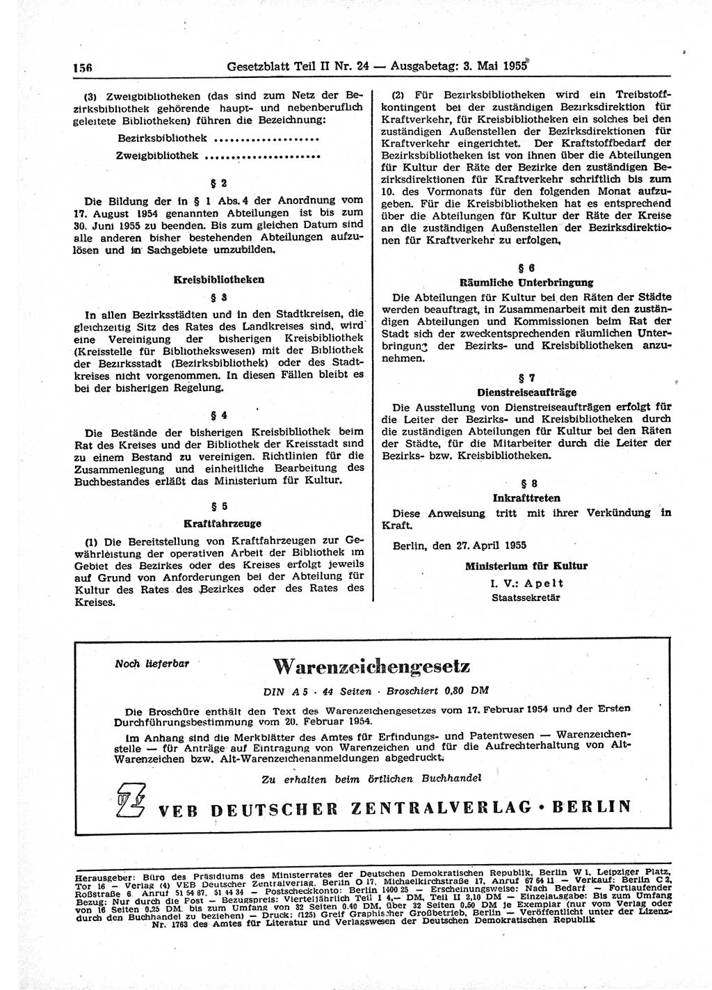 Gesetzblatt (GBl.) der Deutschen Demokratischen Republik (DDR) Teil ⅠⅠ 1955, Seite 156 (GBl. DDR ⅠⅠ 1955, S. 156)