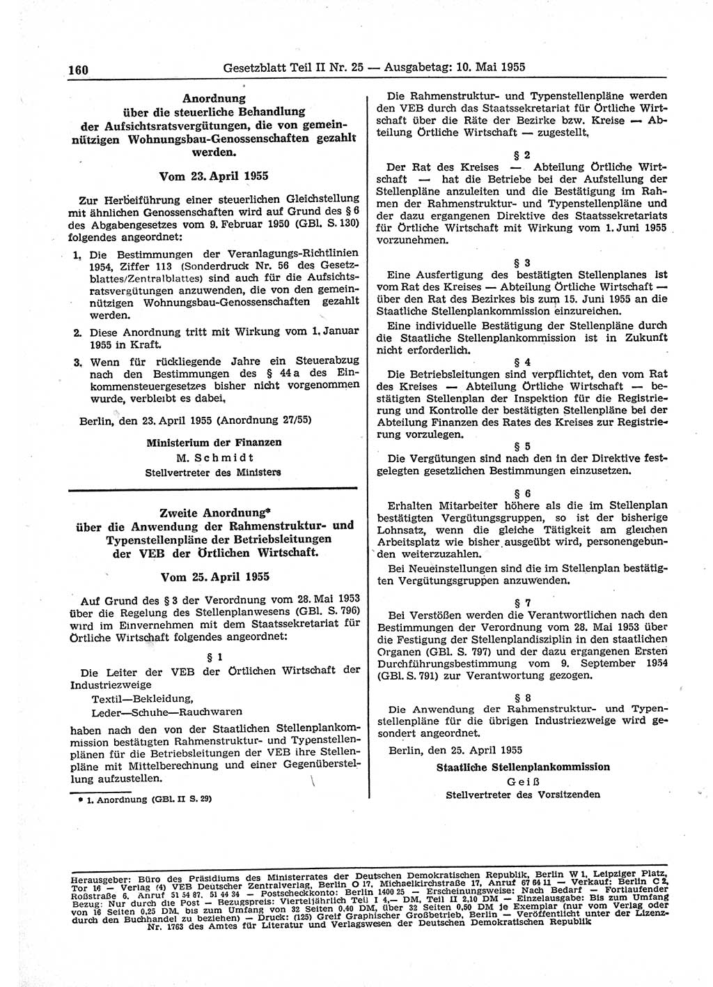 Gesetzblatt (GBl.) der Deutschen Demokratischen Republik (DDR) Teil ⅠⅠ 1955, Seite 160 (GBl. DDR ⅠⅠ 1955, S. 160)