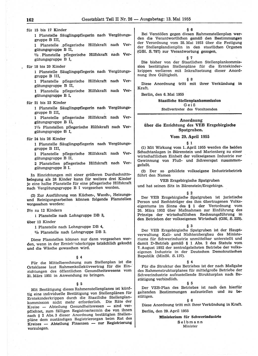 Gesetzblatt (GBl.) der Deutschen Demokratischen Republik (DDR) Teil ⅠⅠ 1955, Seite 162 (GBl. DDR ⅠⅠ 1955, S. 162)