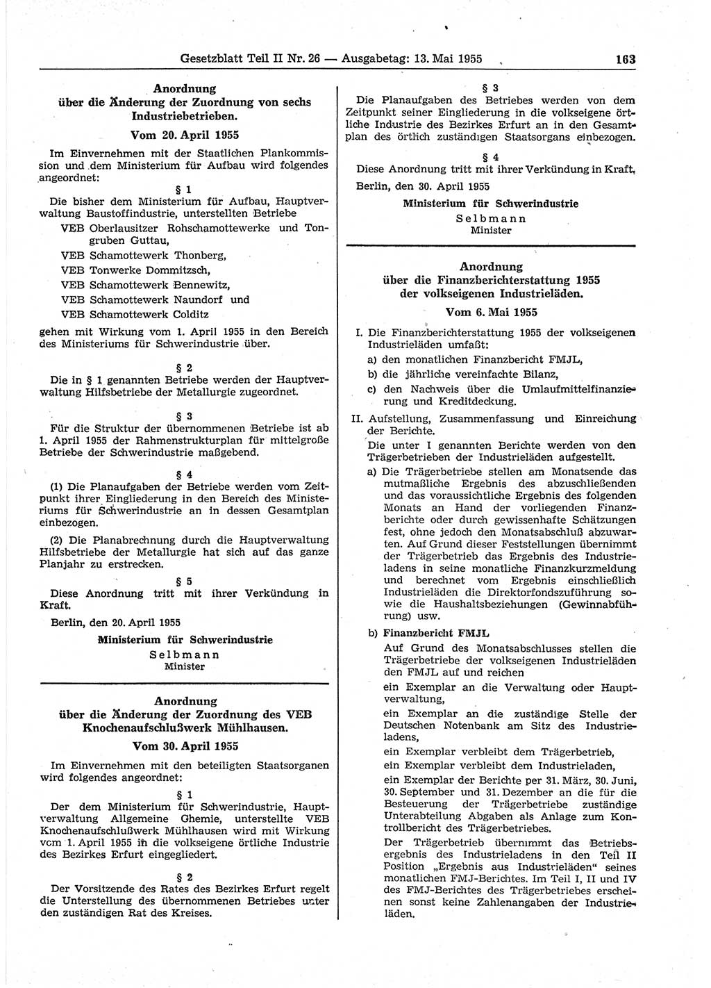 Gesetzblatt (GBl.) der Deutschen Demokratischen Republik (DDR) Teil ⅠⅠ 1955, Seite 163 (GBl. DDR ⅠⅠ 1955, S. 163)