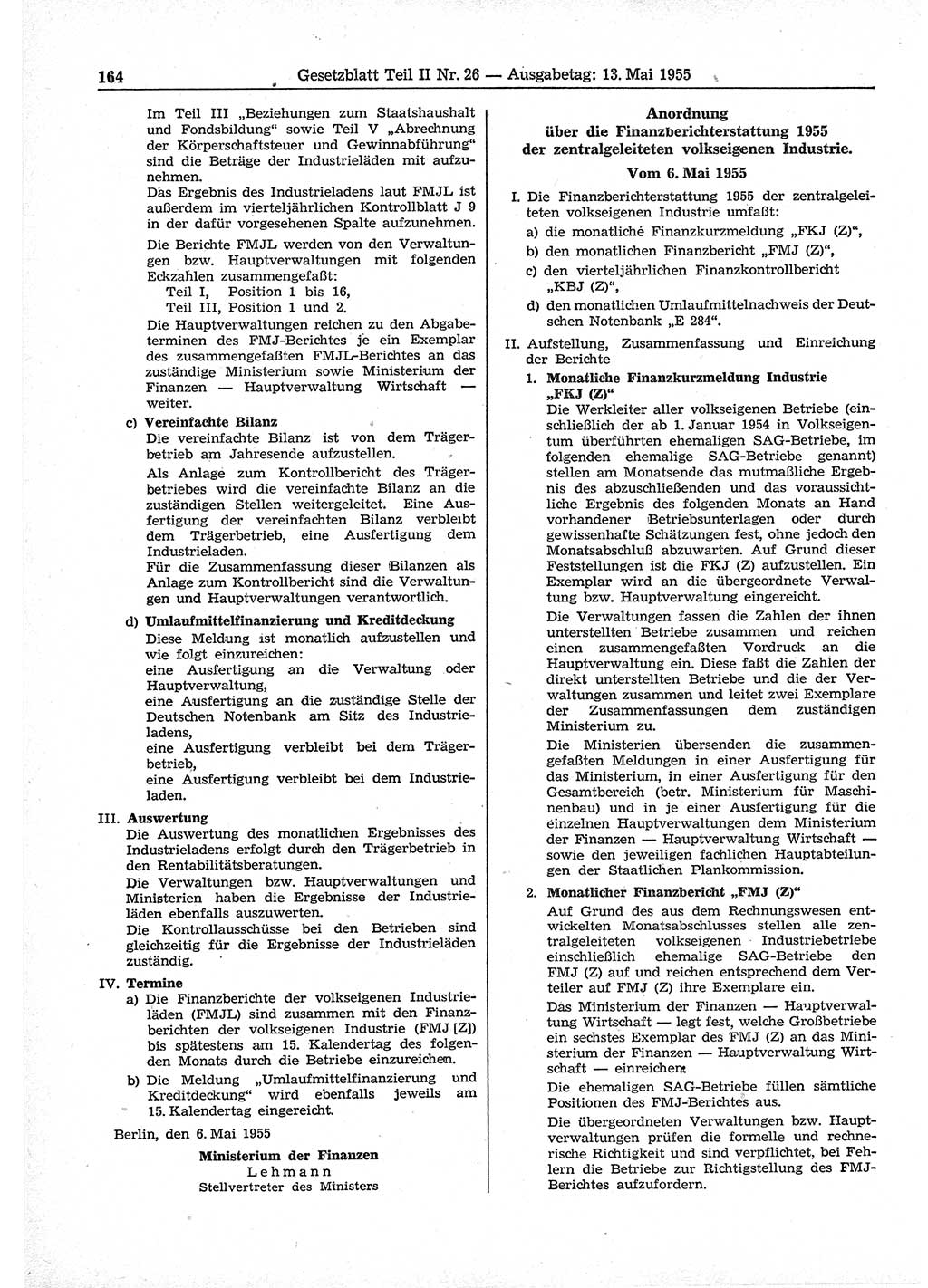 Gesetzblatt (GBl.) der Deutschen Demokratischen Republik (DDR) Teil ⅠⅠ 1955, Seite 164 (GBl. DDR ⅠⅠ 1955, S. 164)