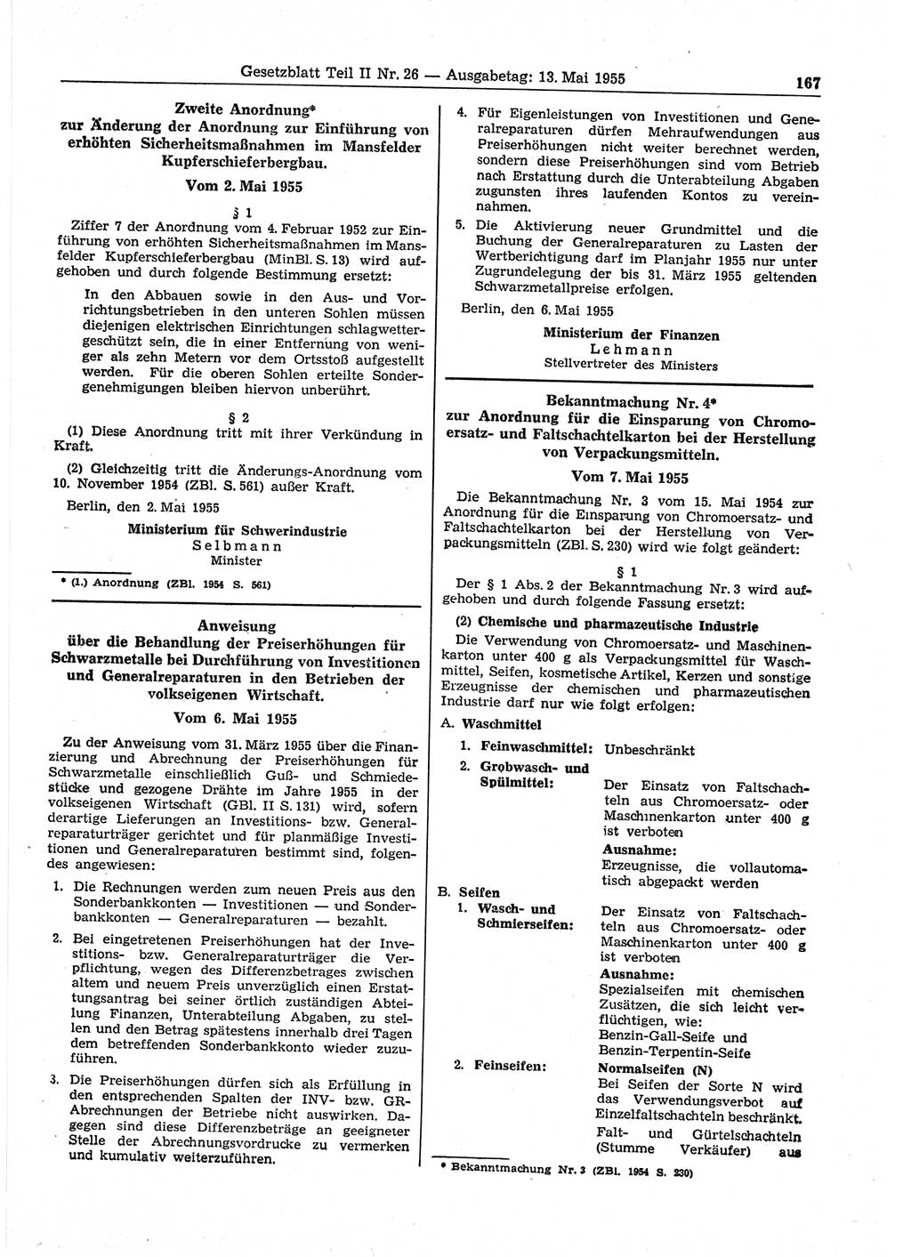 Gesetzblatt (GBl.) der Deutschen Demokratischen Republik (DDR) Teil ⅠⅠ 1955, Seite 167 (GBl. DDR ⅠⅠ 1955, S. 167)