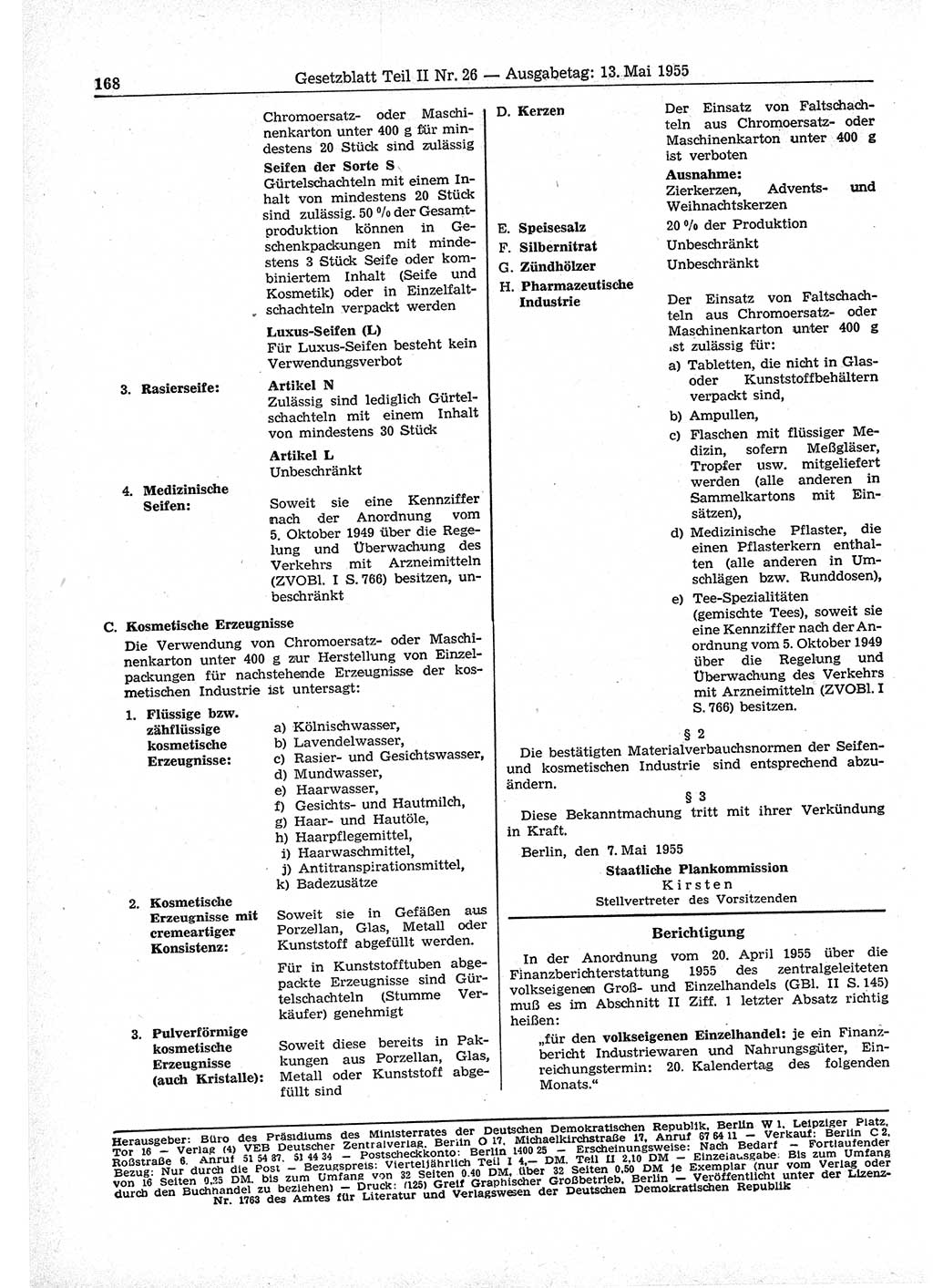 Gesetzblatt (GBl.) der Deutschen Demokratischen Republik (DDR) Teil ⅠⅠ 1955, Seite 168 (GBl. DDR ⅠⅠ 1955, S. 168)