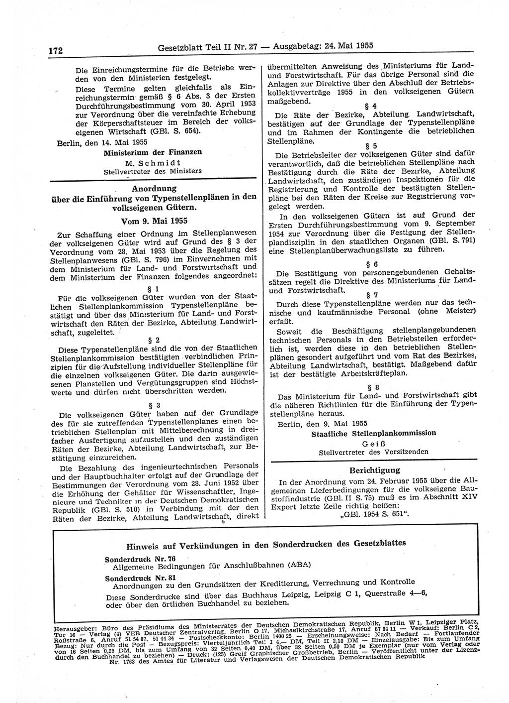 Gesetzblatt (GBl.) der Deutschen Demokratischen Republik (DDR) Teil ⅠⅠ 1955, Seite 172 (GBl. DDR ⅠⅠ 1955, S. 172)