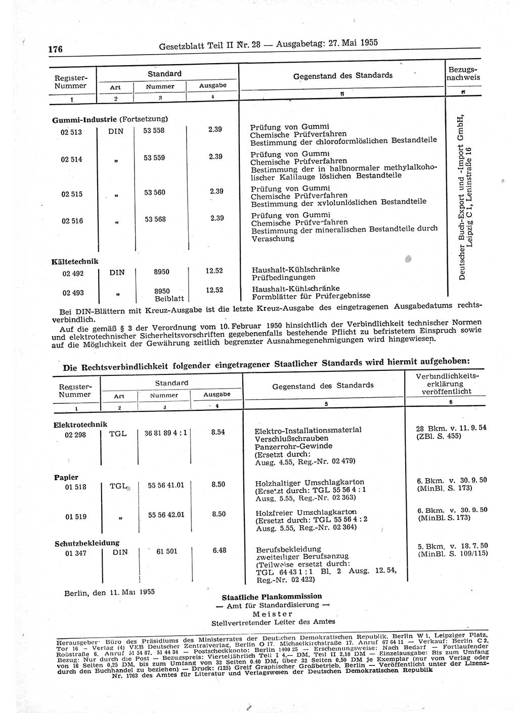 Gesetzblatt (GBl.) der Deutschen Demokratischen Republik (DDR) Teil ⅠⅠ 1955, Seite 176 (GBl. DDR ⅠⅠ 1955, S. 176)