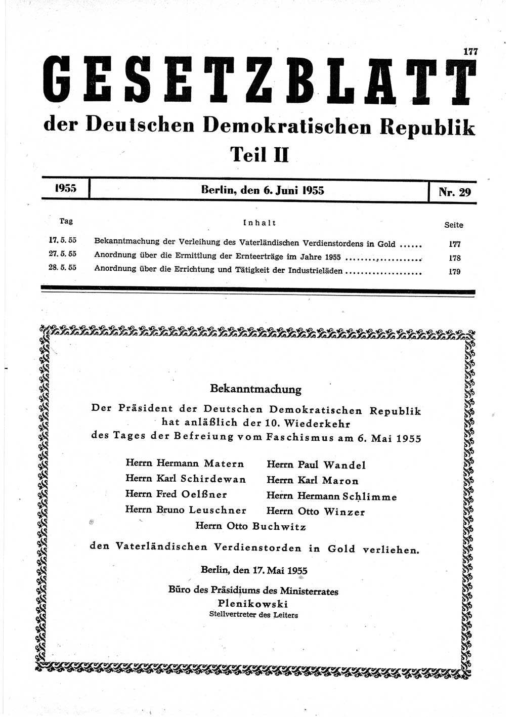 Gesetzblatt (GBl.) der Deutschen Demokratischen Republik (DDR) Teil ⅠⅠ 1955, Seite 177 (GBl. DDR ⅠⅠ 1955, S. 177)