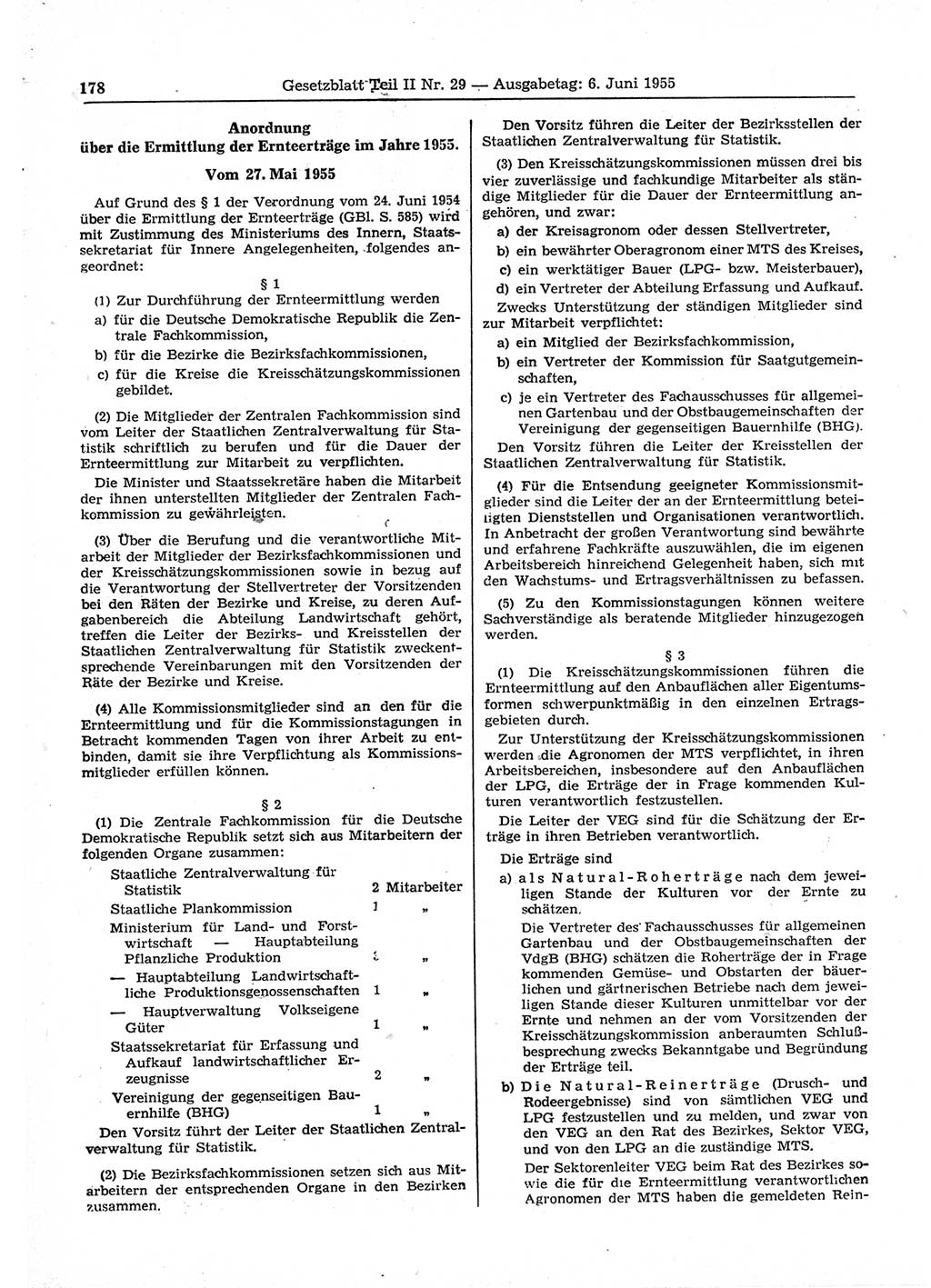 Gesetzblatt (GBl.) der Deutschen Demokratischen Republik (DDR) Teil ⅠⅠ 1955, Seite 178 (GBl. DDR ⅠⅠ 1955, S. 178)