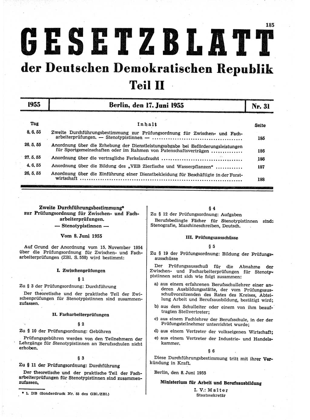 Gesetzblatt (GBl.) der Deutschen Demokratischen Republik (DDR) Teil ⅠⅠ 1955, Seite 185 (GBl. DDR ⅠⅠ 1955, S. 185)