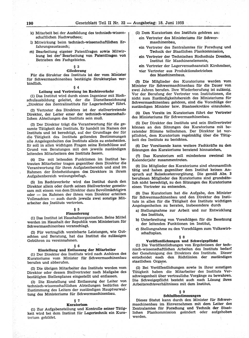 Gesetzblatt (GBl.) der Deutschen Demokratischen Republik (DDR) Teil ⅠⅠ 1955, Seite 190 (GBl. DDR ⅠⅠ 1955, S. 190)