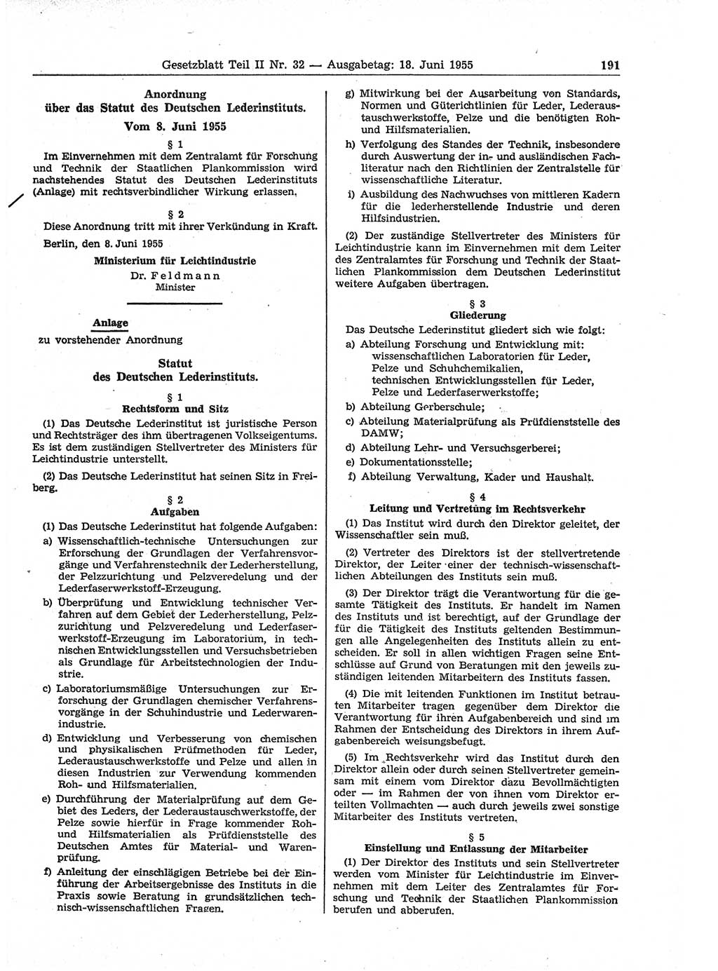 Gesetzblatt (GBl.) der Deutschen Demokratischen Republik (DDR) Teil ⅠⅠ 1955, Seite 191 (GBl. DDR ⅠⅠ 1955, S. 191)