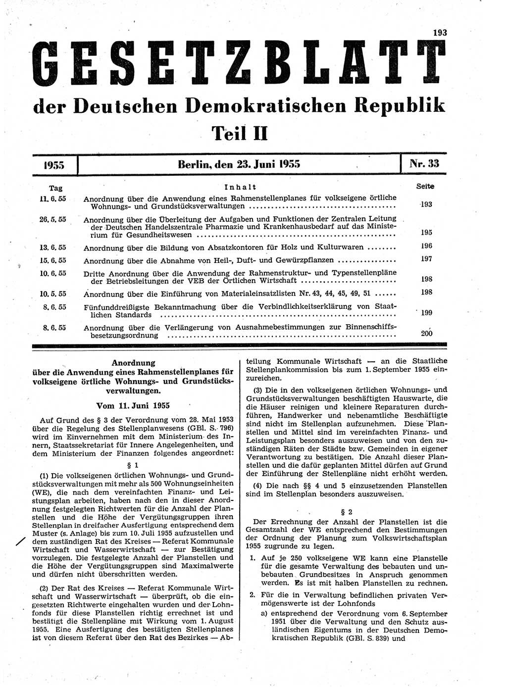 Gesetzblatt (GBl.) der Deutschen Demokratischen Republik (DDR) Teil ⅠⅠ 1955, Seite 193 (GBl. DDR ⅠⅠ 1955, S. 193)