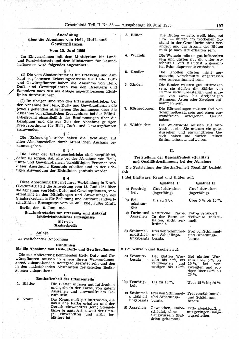 Gesetzblatt (GBl.) der Deutschen Demokratischen Republik (DDR) Teil ⅠⅠ 1955, Seite 197 (GBl. DDR ⅠⅠ 1955, S. 197)