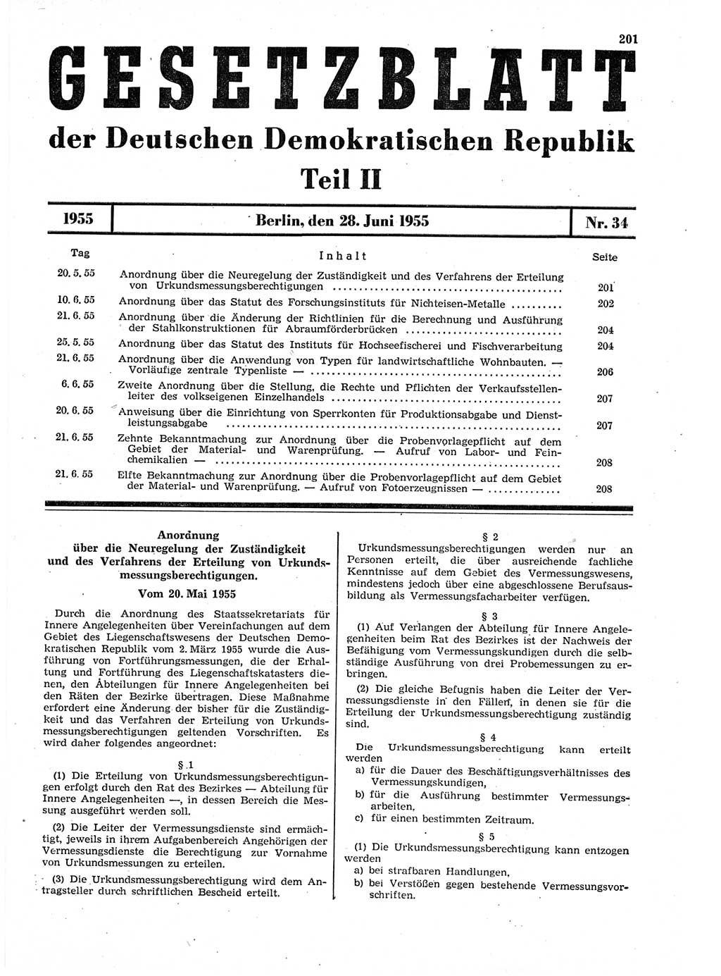 Gesetzblatt (GBl.) der Deutschen Demokratischen Republik (DDR) Teil ⅠⅠ 1955, Seite 201 (GBl. DDR ⅠⅠ 1955, S. 201)