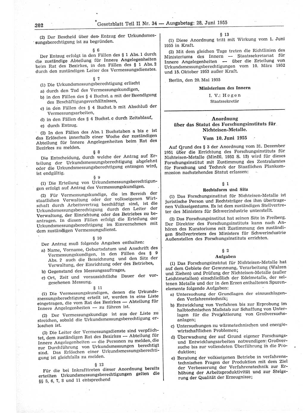 Gesetzblatt (GBl.) der Deutschen Demokratischen Republik (DDR) Teil ⅠⅠ 1955, Seite 202 (GBl. DDR ⅠⅠ 1955, S. 202)
