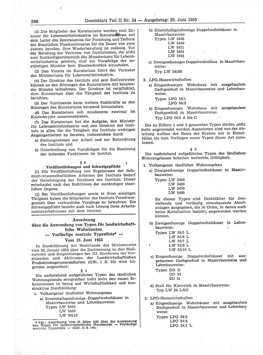 Gesetzblatt (GBl.) der Deutschen Demokratischen Republik (DDR) Teil ⅠⅠ 1955, Seite 206 (GBl. DDR ⅠⅠ 1955, S. 206)