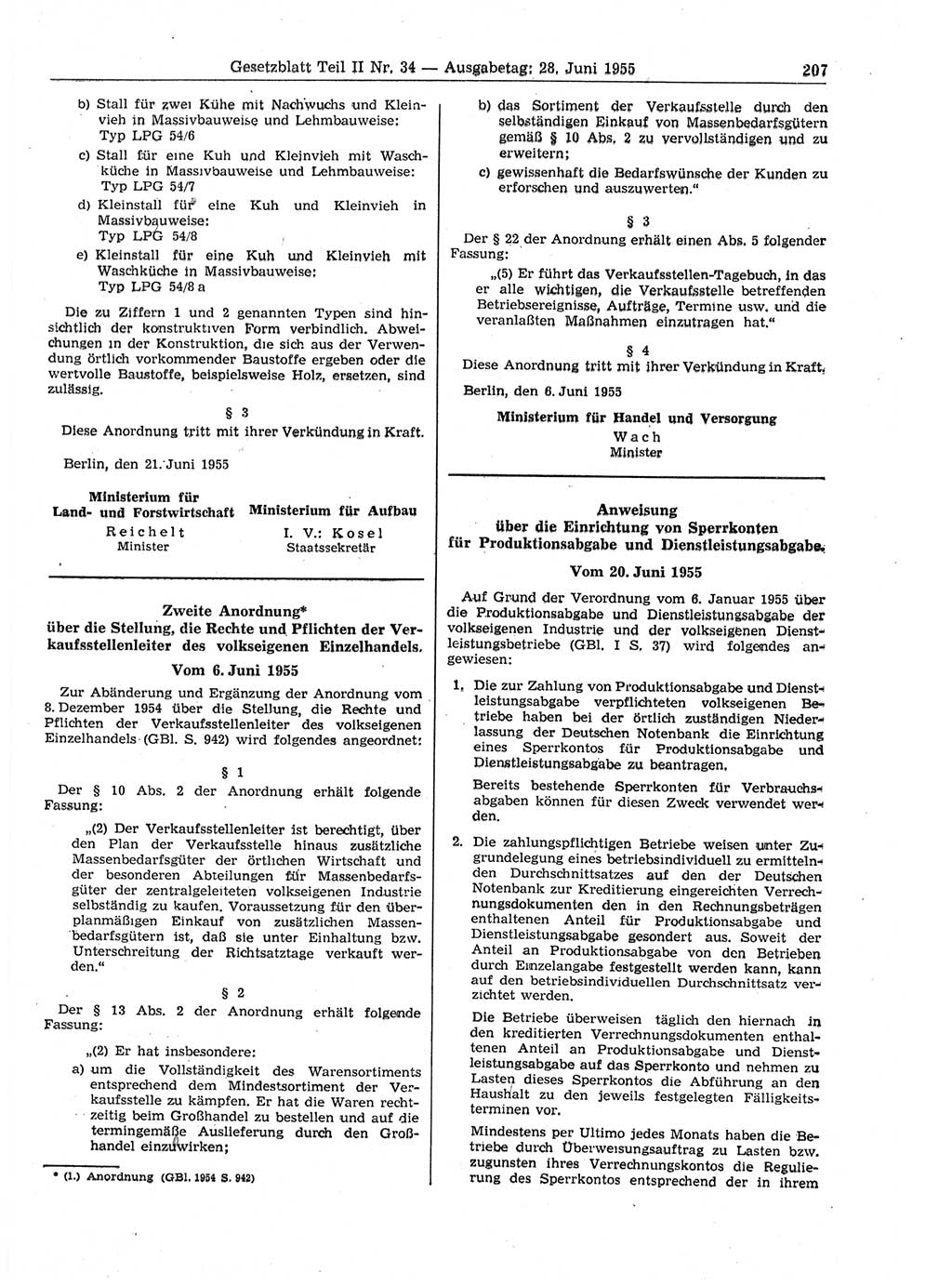 Gesetzblatt (GBl.) der Deutschen Demokratischen Republik (DDR) Teil ⅠⅠ 1955, Seite 207 (GBl. DDR ⅠⅠ 1955, S. 207)