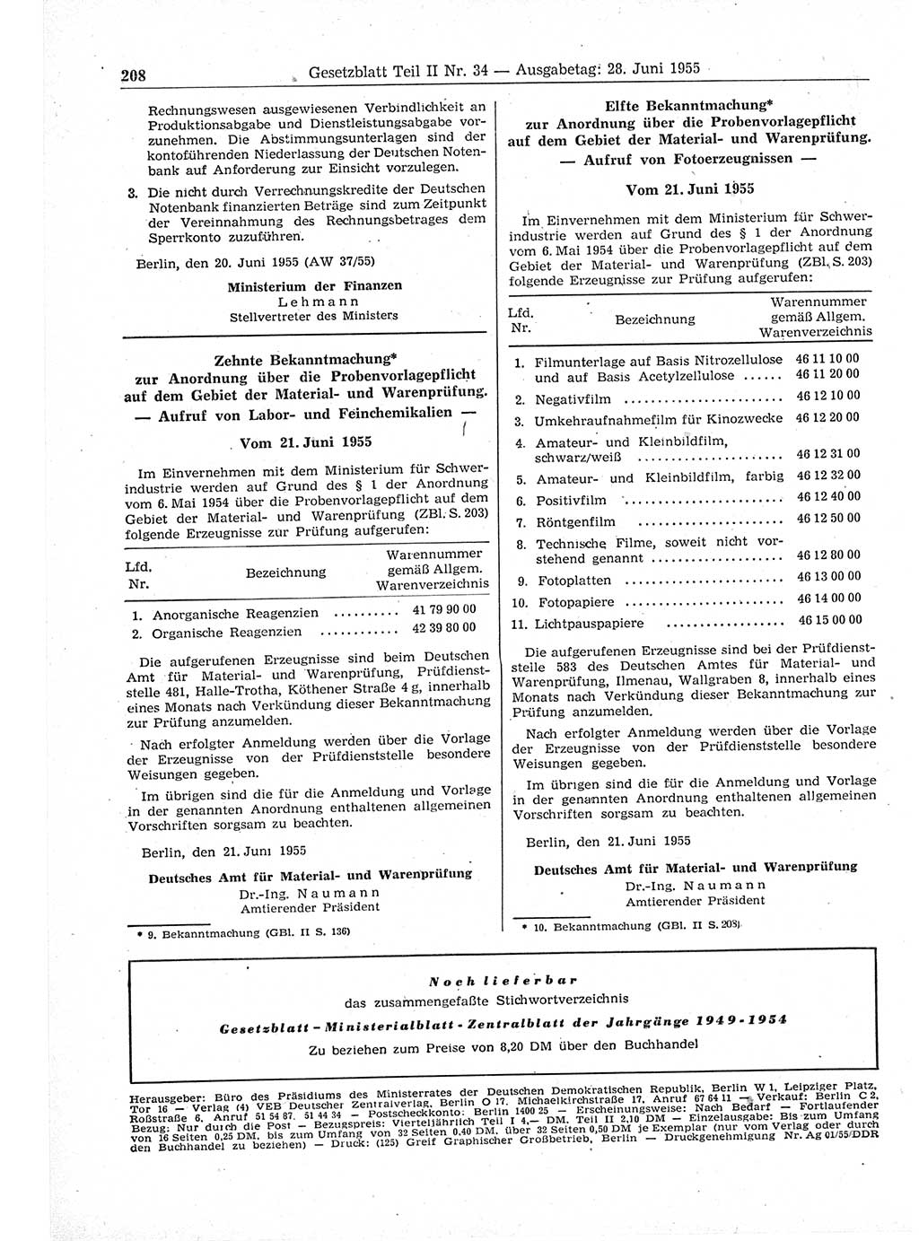 Gesetzblatt (GBl.) der Deutschen Demokratischen Republik (DDR) Teil ⅠⅠ 1955, Seite 208 (GBl. DDR ⅠⅠ 1955, S. 208)