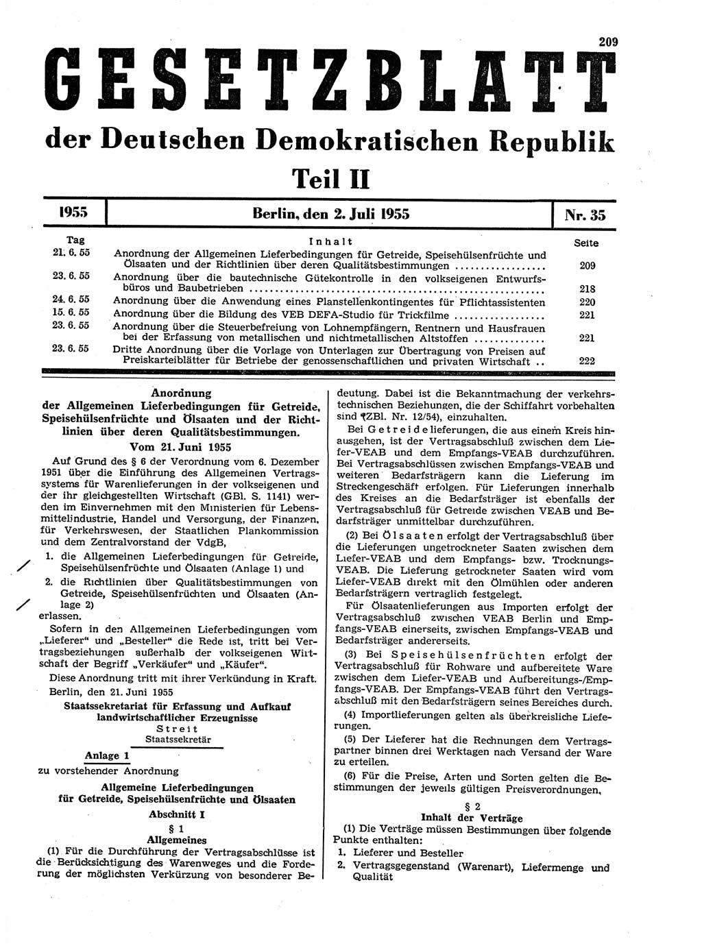 Gesetzblatt (GBl.) der Deutschen Demokratischen Republik (DDR) Teil ⅠⅠ 1955, Seite 209 (GBl. DDR ⅠⅠ 1955, S. 209)