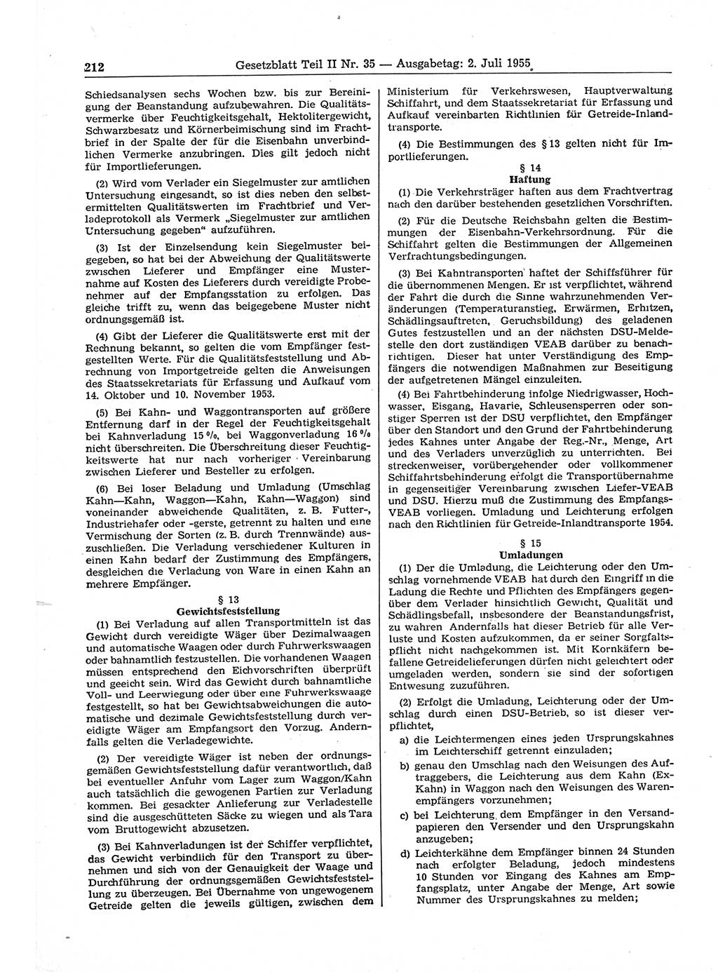 Gesetzblatt (GBl.) der Deutschen Demokratischen Republik (DDR) Teil ⅠⅠ 1955, Seite 212 (GBl. DDR ⅠⅠ 1955, S. 212)