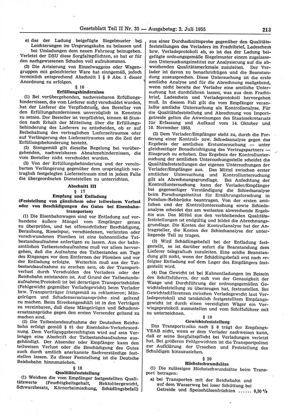 Gesetzblatt (GBl.) der Deutschen Demokratischen Republik (DDR) Teil ⅠⅠ 1955, Seite 213 (GBl. DDR ⅠⅠ 1955, S. 213)