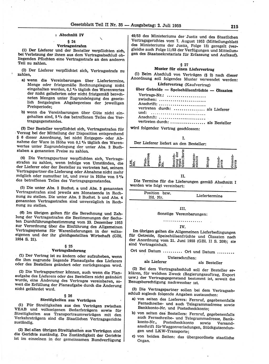Gesetzblatt (GBl.) der Deutschen Demokratischen Republik (DDR) Teil ⅠⅠ 1955, Seite 215 (GBl. DDR ⅠⅠ 1955, S. 215)