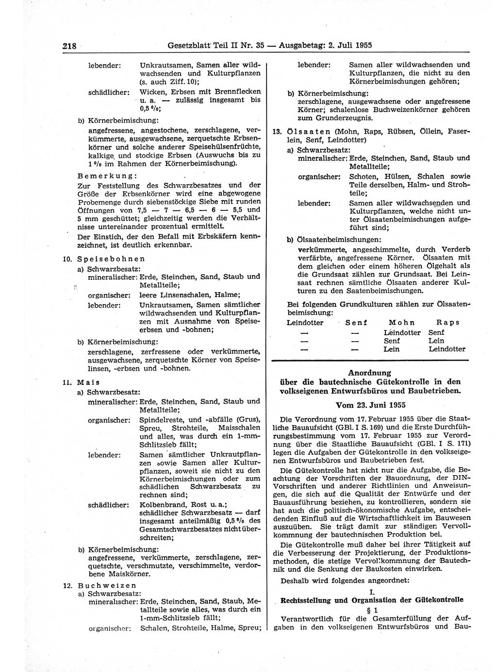 Gesetzblatt (GBl.) der Deutschen Demokratischen Republik (DDR) Teil ⅠⅠ 1955, Seite 218 (GBl. DDR ⅠⅠ 1955, S. 218)