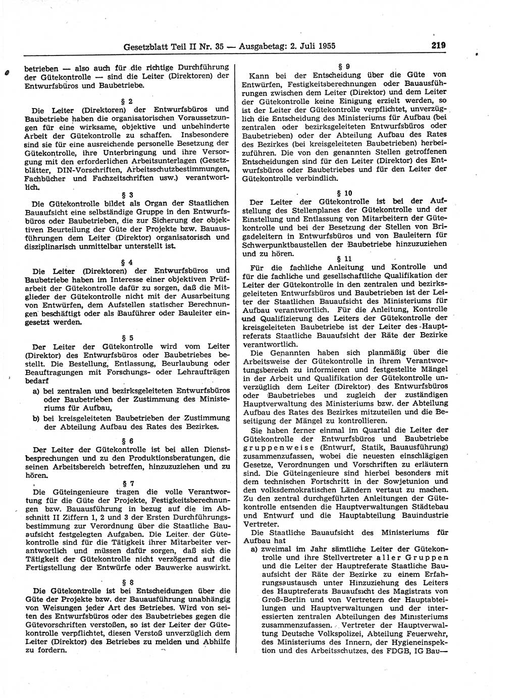 Gesetzblatt (GBl.) der Deutschen Demokratischen Republik (DDR) Teil ⅠⅠ 1955, Seite 219 (GBl. DDR ⅠⅠ 1955, S. 219)