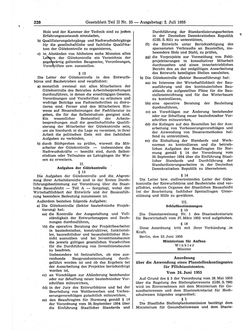 Gesetzblatt (GBl.) der Deutschen Demokratischen Republik (DDR) Teil ⅠⅠ 1955, Seite 220 (GBl. DDR ⅠⅠ 1955, S. 220)