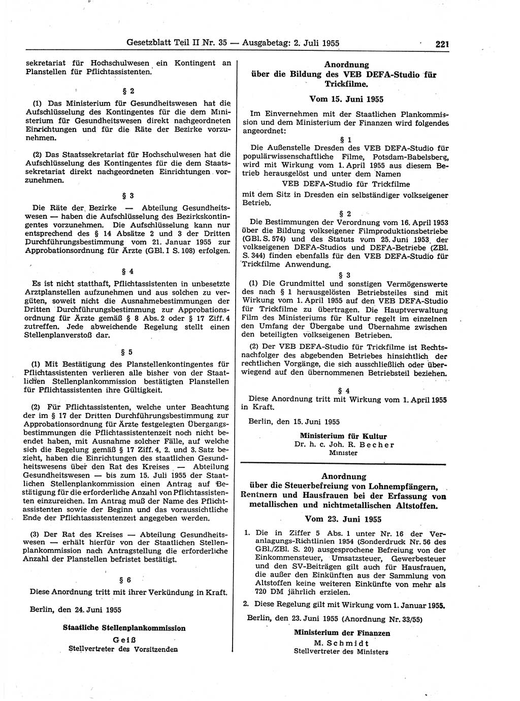 Gesetzblatt (GBl.) der Deutschen Demokratischen Republik (DDR) Teil ⅠⅠ 1955, Seite 221 (GBl. DDR ⅠⅠ 1955, S. 221)