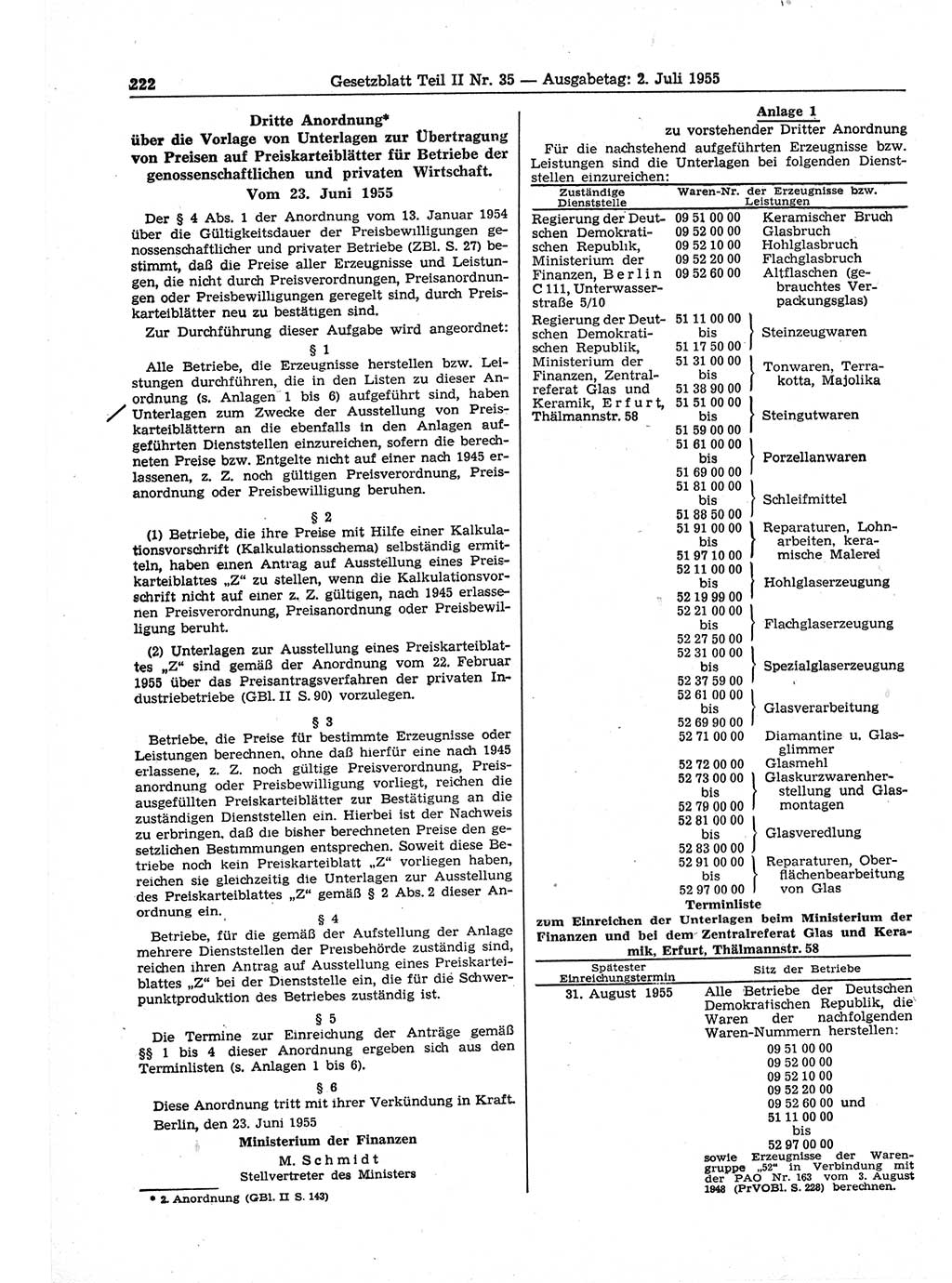 Gesetzblatt (GBl.) der Deutschen Demokratischen Republik (DDR) Teil ⅠⅠ 1955, Seite 222 (GBl. DDR ⅠⅠ 1955, S. 222)