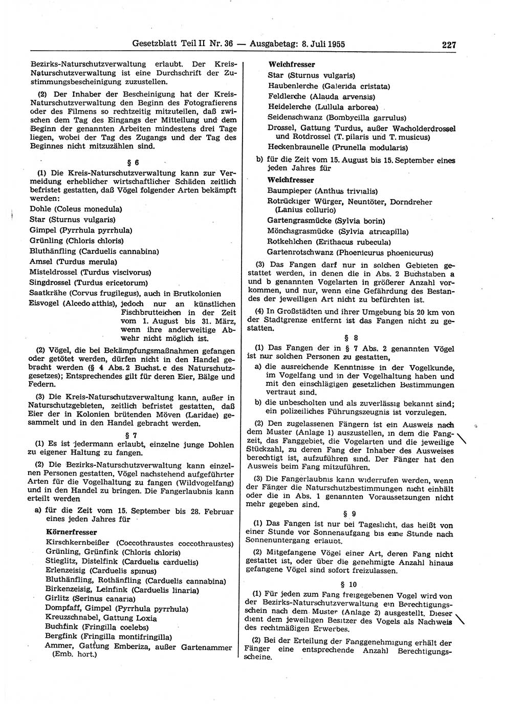 Gesetzblatt (GBl.) der Deutschen Demokratischen Republik (DDR) Teil ⅠⅠ 1955, Seite 227 (GBl. DDR ⅠⅠ 1955, S. 227)