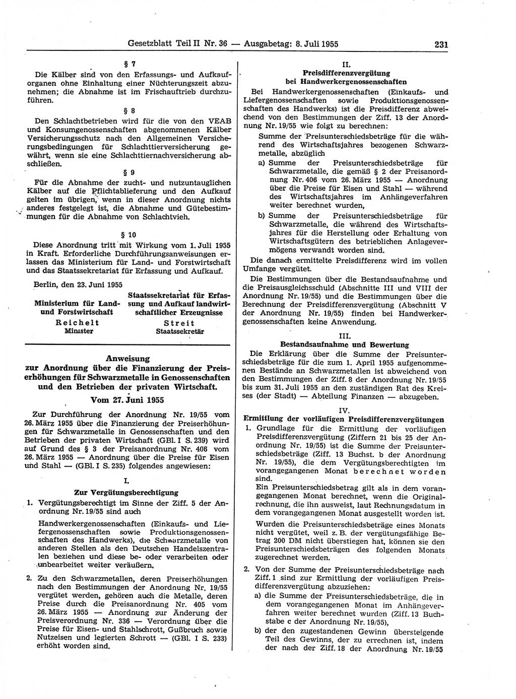 Gesetzblatt (GBl.) der Deutschen Demokratischen Republik (DDR) Teil ⅠⅠ 1955, Seite 231 (GBl. DDR ⅠⅠ 1955, S. 231)