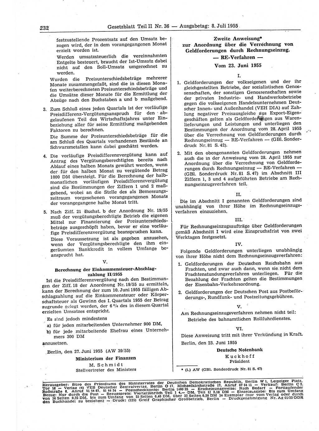 Gesetzblatt (GBl.) der Deutschen Demokratischen Republik (DDR) Teil ⅠⅠ 1955, Seite 232 (GBl. DDR ⅠⅠ 1955, S. 232)