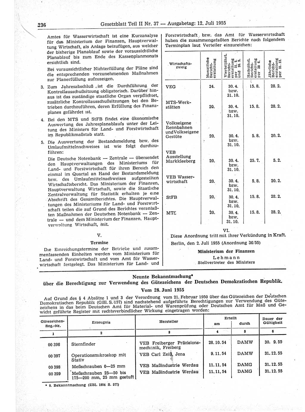 Gesetzblatt (GBl.) der Deutschen Demokratischen Republik (DDR) Teil ⅠⅠ 1955, Seite 236 (GBl. DDR ⅠⅠ 1955, S. 236)