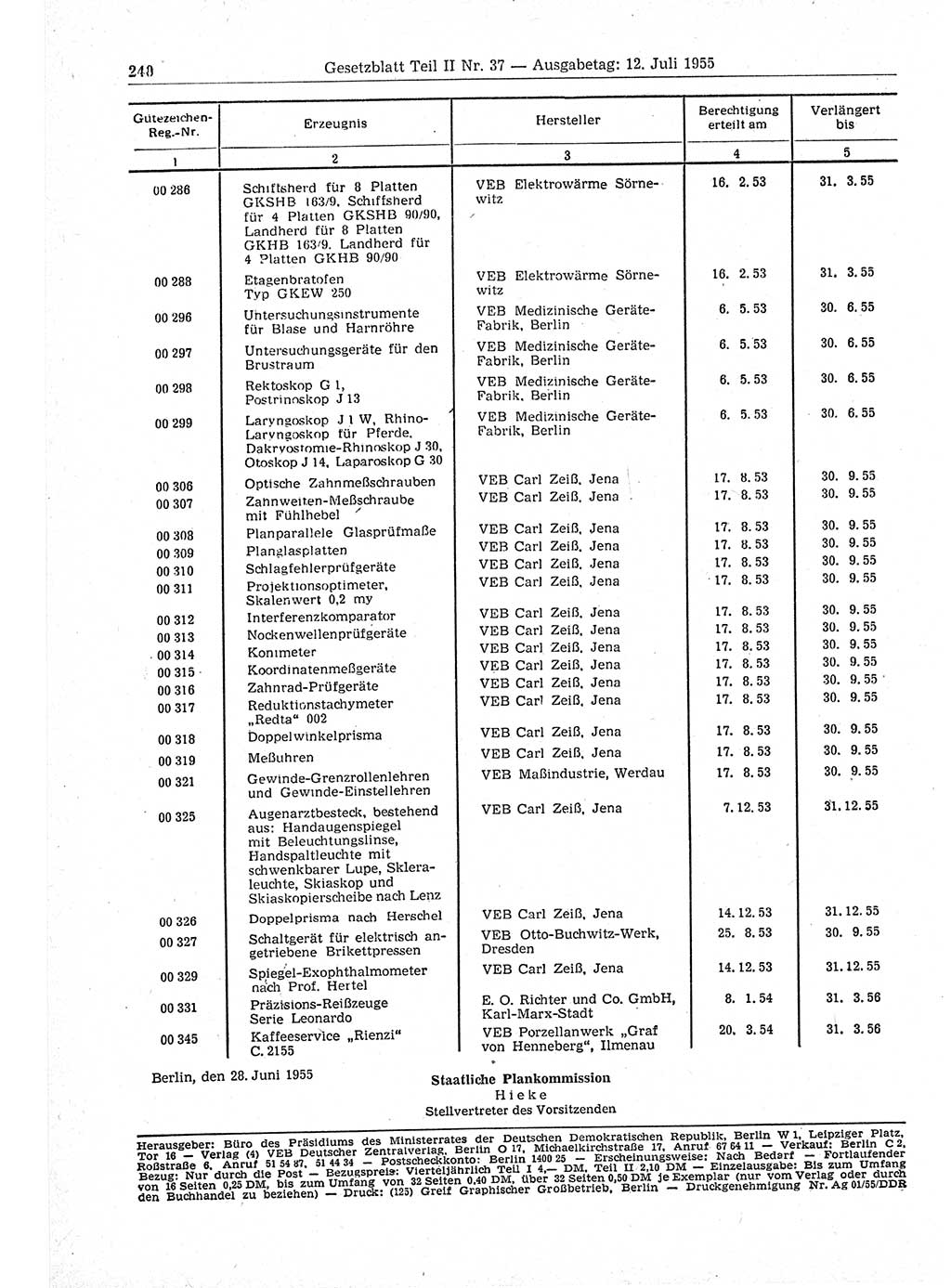 Gesetzblatt (GBl.) der Deutschen Demokratischen Republik (DDR) Teil ⅠⅠ 1955, Seite 240 (GBl. DDR ⅠⅠ 1955, S. 240)