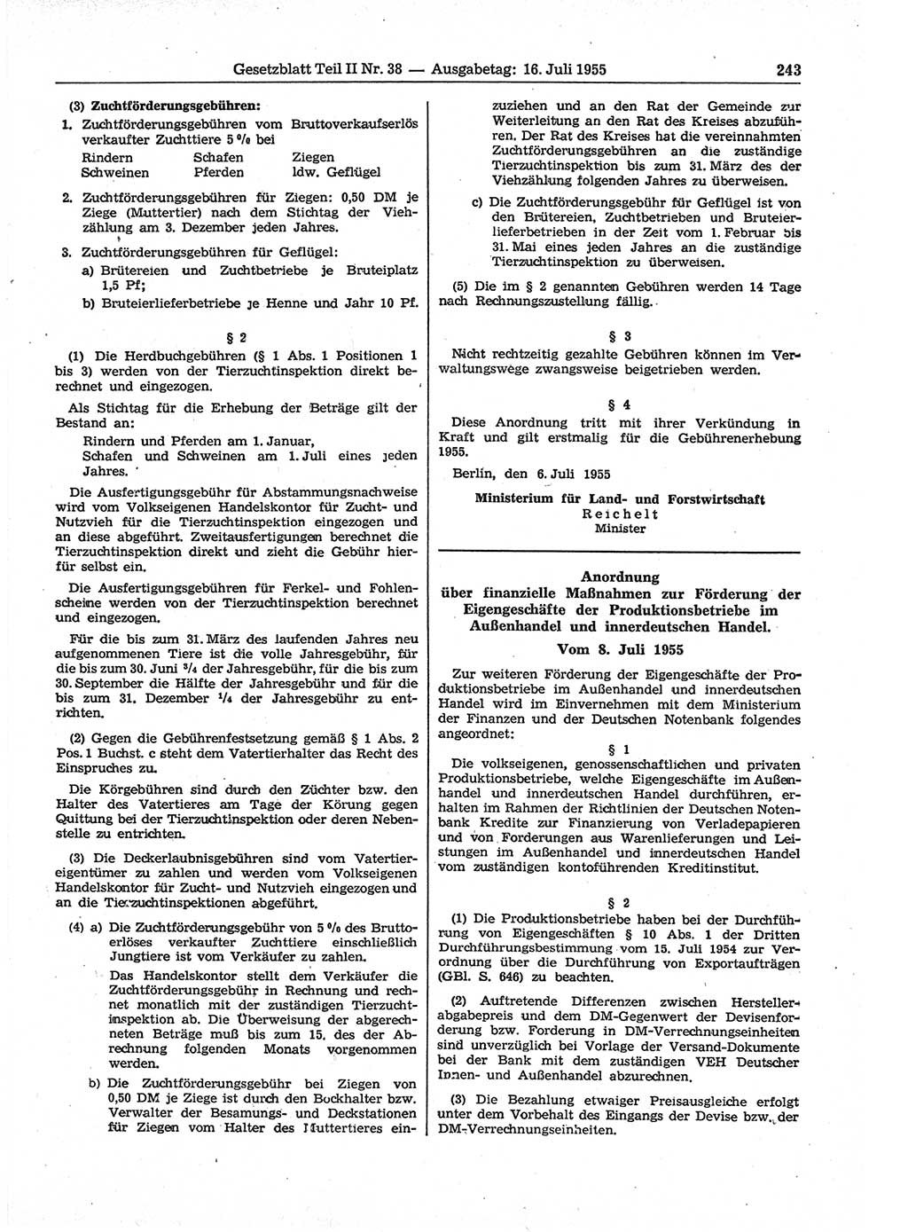 Gesetzblatt (GBl.) der Deutschen Demokratischen Republik (DDR) Teil ⅠⅠ 1955, Seite 243 (GBl. DDR ⅠⅠ 1955, S. 243)