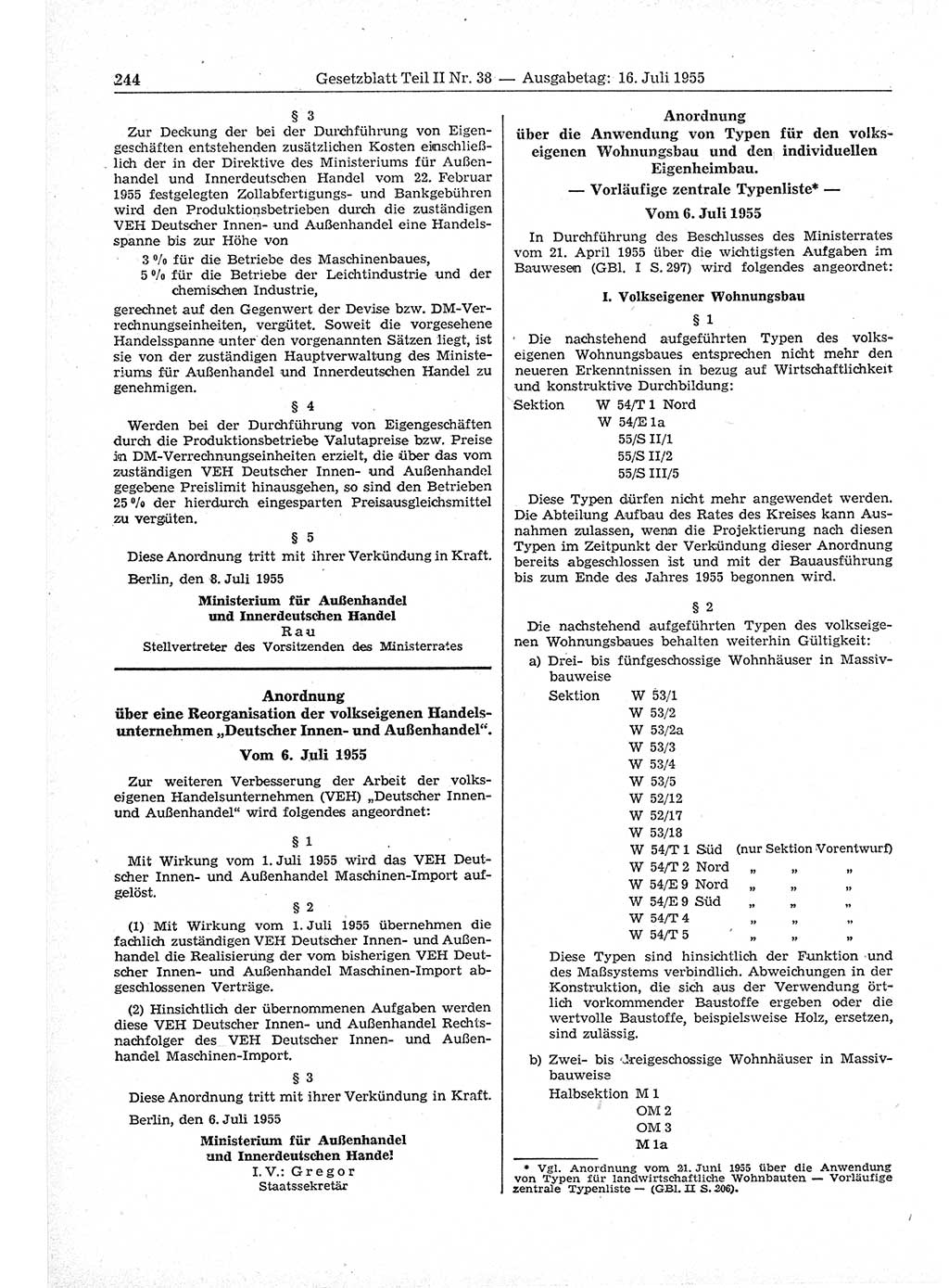 Gesetzblatt (GBl.) der Deutschen Demokratischen Republik (DDR) Teil ⅠⅠ 1955, Seite 244 (GBl. DDR ⅠⅠ 1955, S. 244)