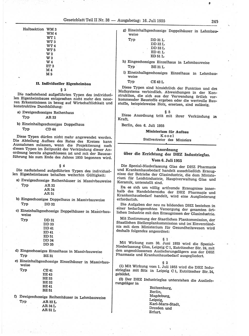 Gesetzblatt (GBl.) der Deutschen Demokratischen Republik (DDR) Teil ⅠⅠ 1955, Seite 245 (GBl. DDR ⅠⅠ 1955, S. 245)