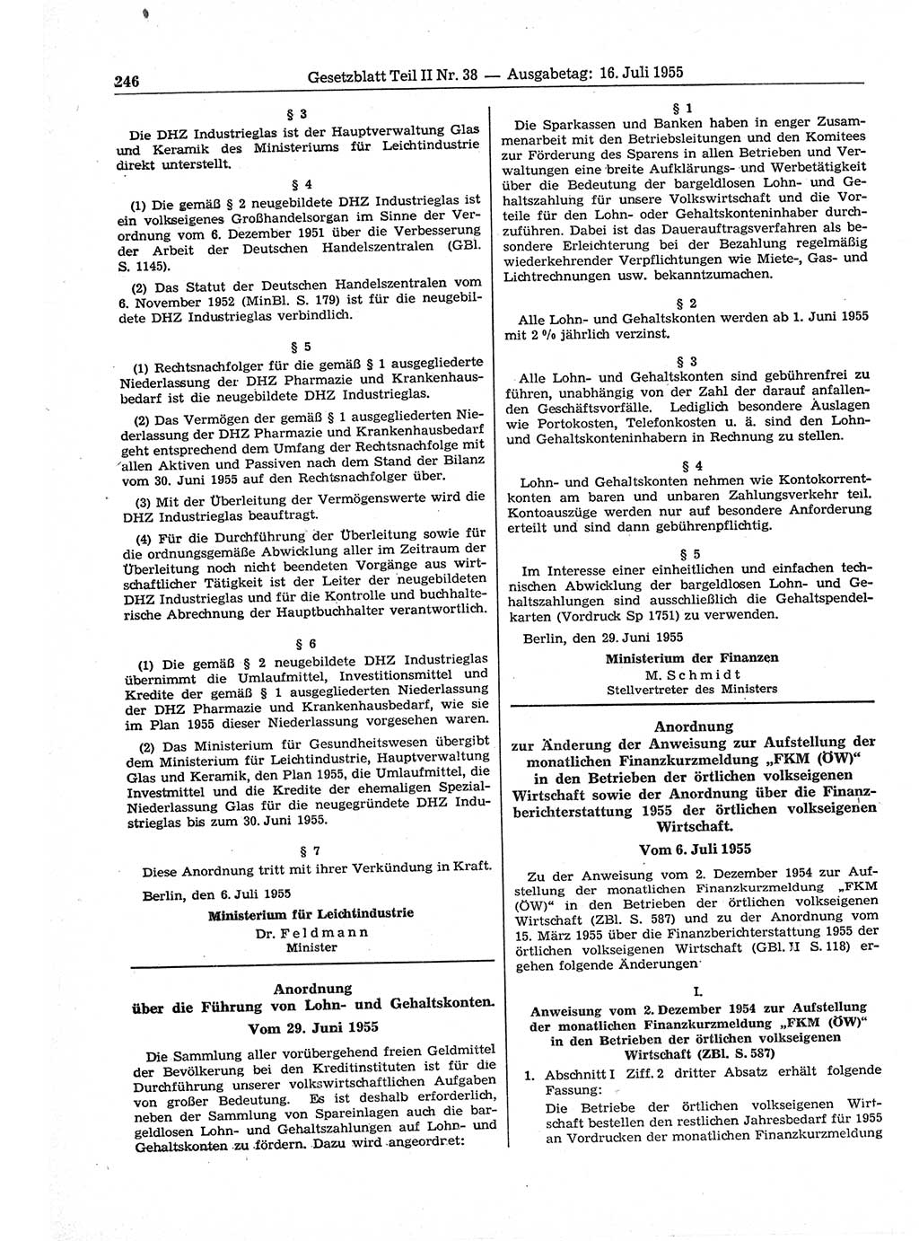 Gesetzblatt (GBl.) der Deutschen Demokratischen Republik (DDR) Teil ⅠⅠ 1955, Seite 246 (GBl. DDR ⅠⅠ 1955, S. 246)