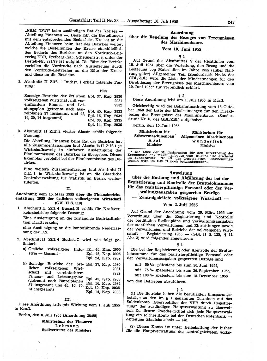 Gesetzblatt (GBl.) der Deutschen Demokratischen Republik (DDR) Teil ⅠⅠ 1955, Seite 247 (GBl. DDR ⅠⅠ 1955, S. 247)
