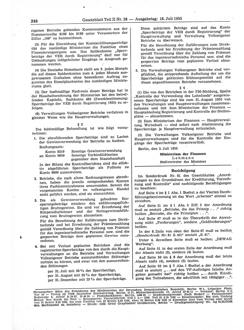 Gesetzblatt (GBl.) der Deutschen Demokratischen Republik (DDR) Teil ⅠⅠ 1955, Seite 248 (GBl. DDR ⅠⅠ 1955, S. 248)