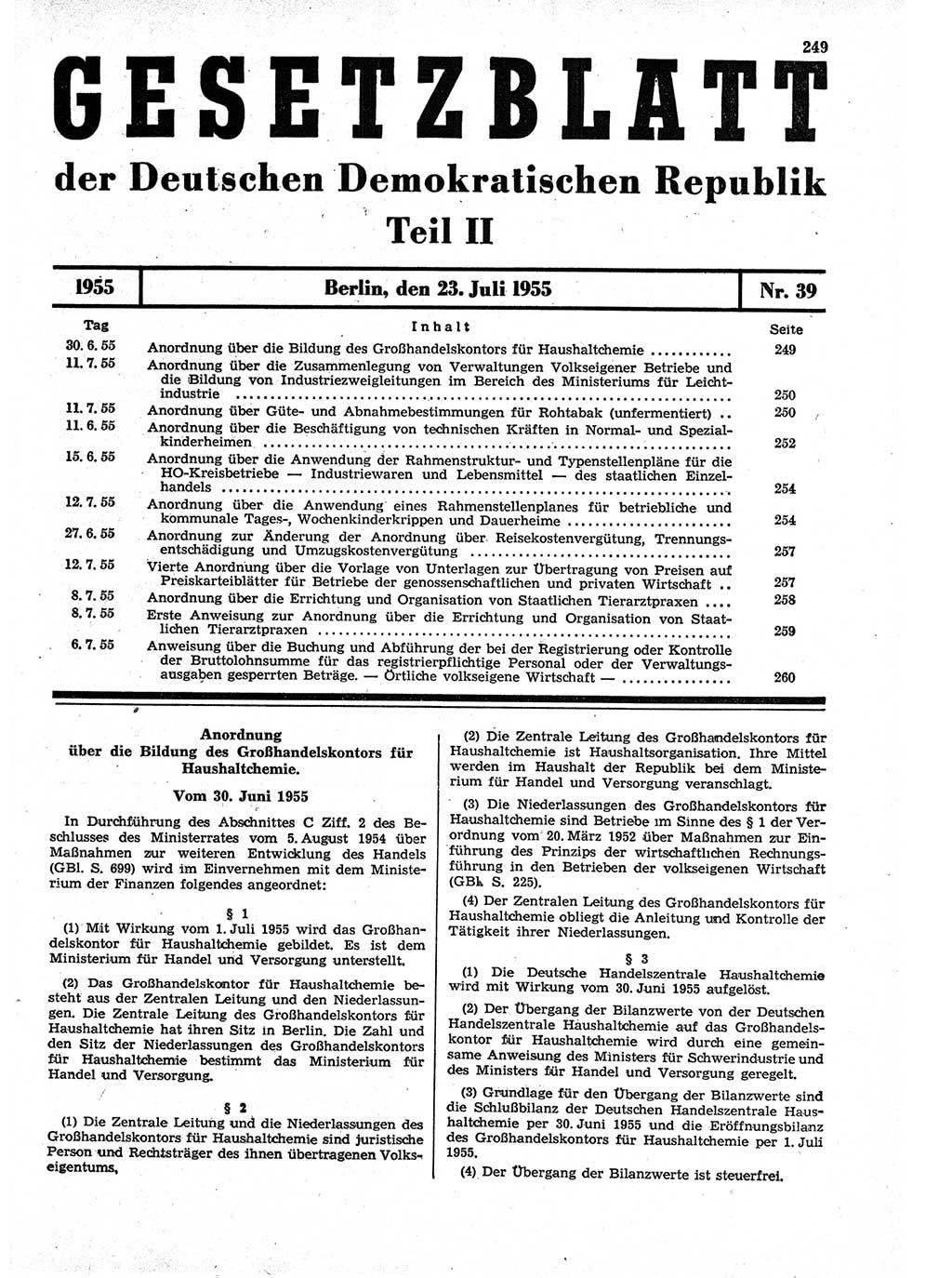 Gesetzblatt (GBl.) der Deutschen Demokratischen Republik (DDR) Teil ⅠⅠ 1955, Seite 249 (GBl. DDR ⅠⅠ 1955, S. 249)