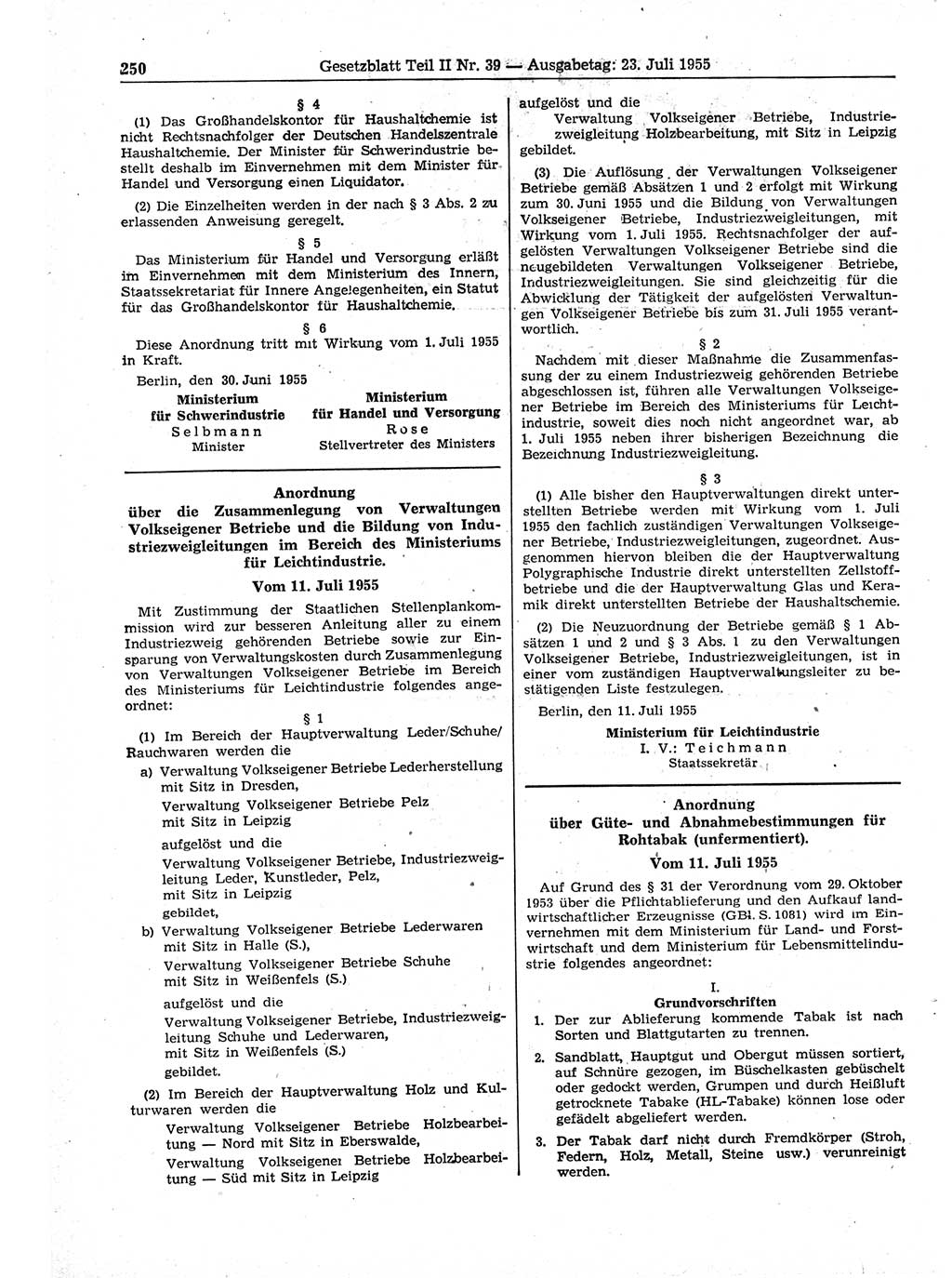 Gesetzblatt (GBl.) der Deutschen Demokratischen Republik (DDR) Teil ⅠⅠ 1955, Seite 250 (GBl. DDR ⅠⅠ 1955, S. 250)